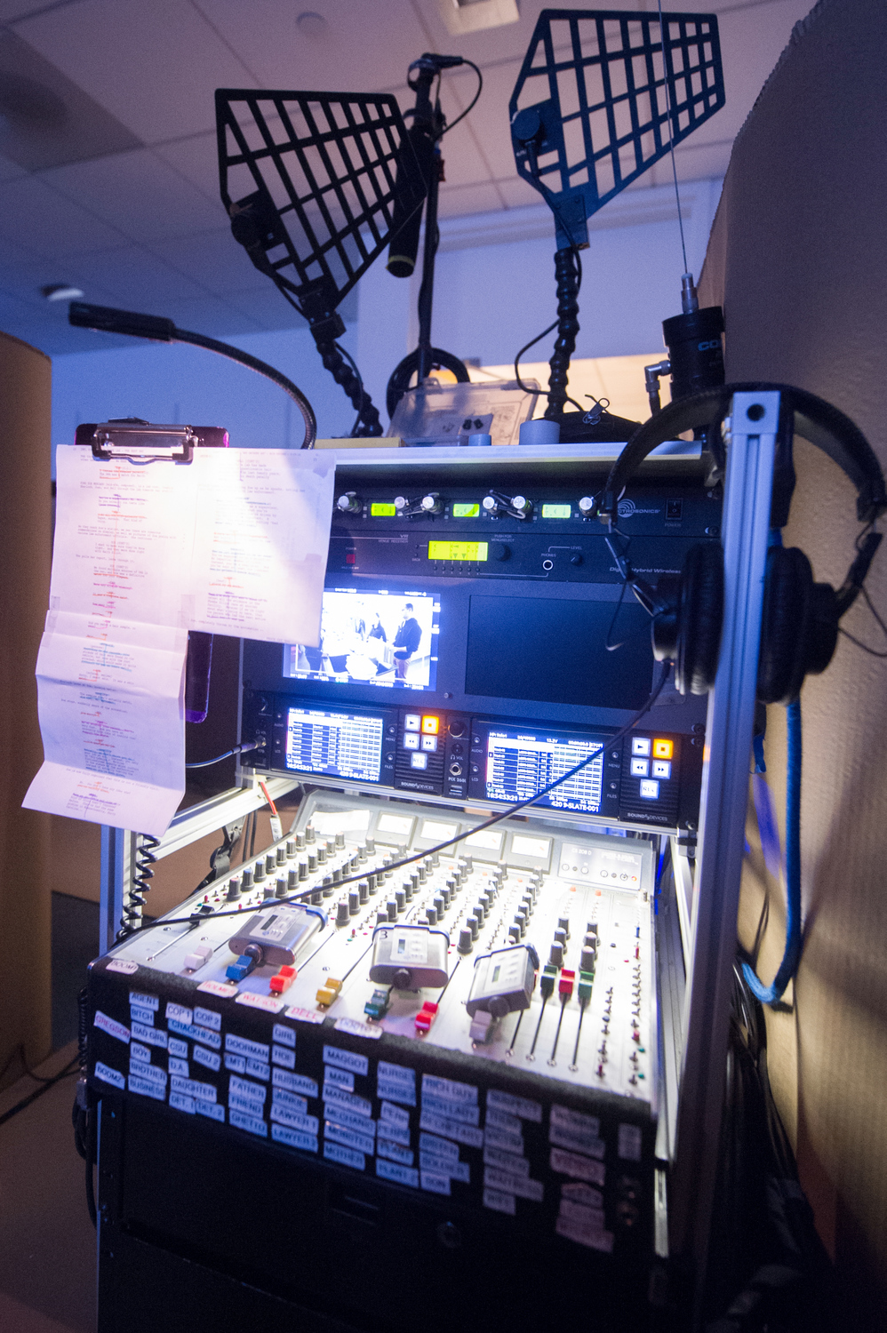 A mixing board controls all the mics on set