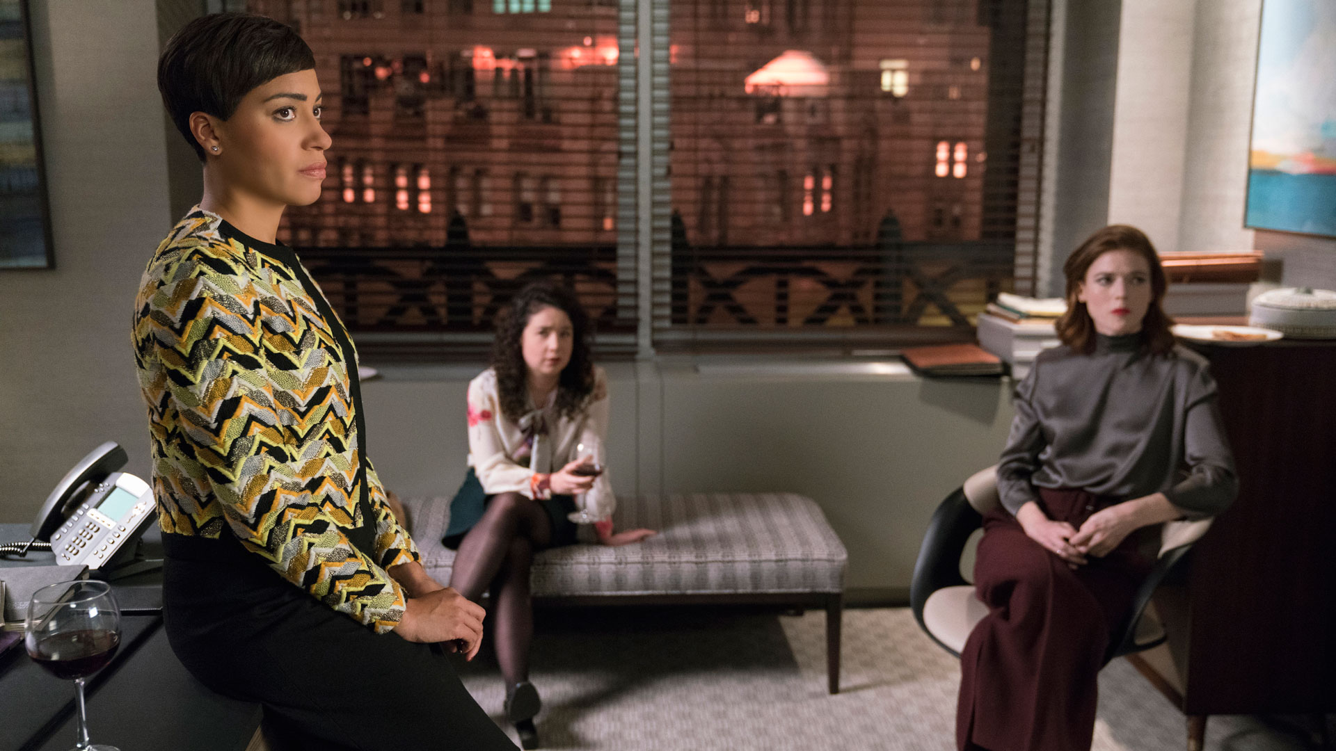Lucca Quinn (Cush Jumbo), Marissa Gold (Sarah Steele), and Maia Rindell (Rose Leslie)