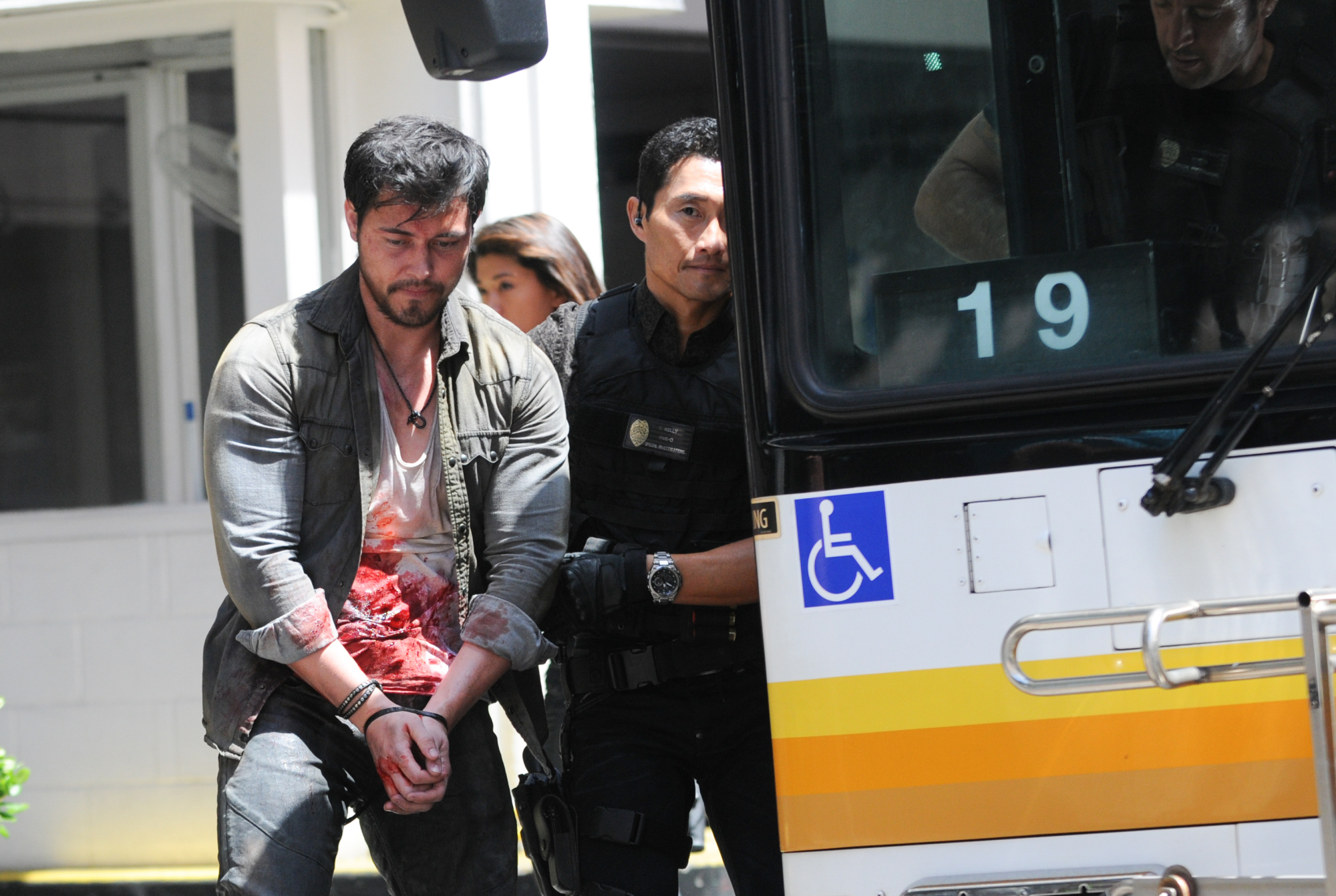 Grace Park as Kono Kalakaua, Daniel Dae Kim as Chin Ho Kelly, and Alex O'Loughlin as Steve McGarrett