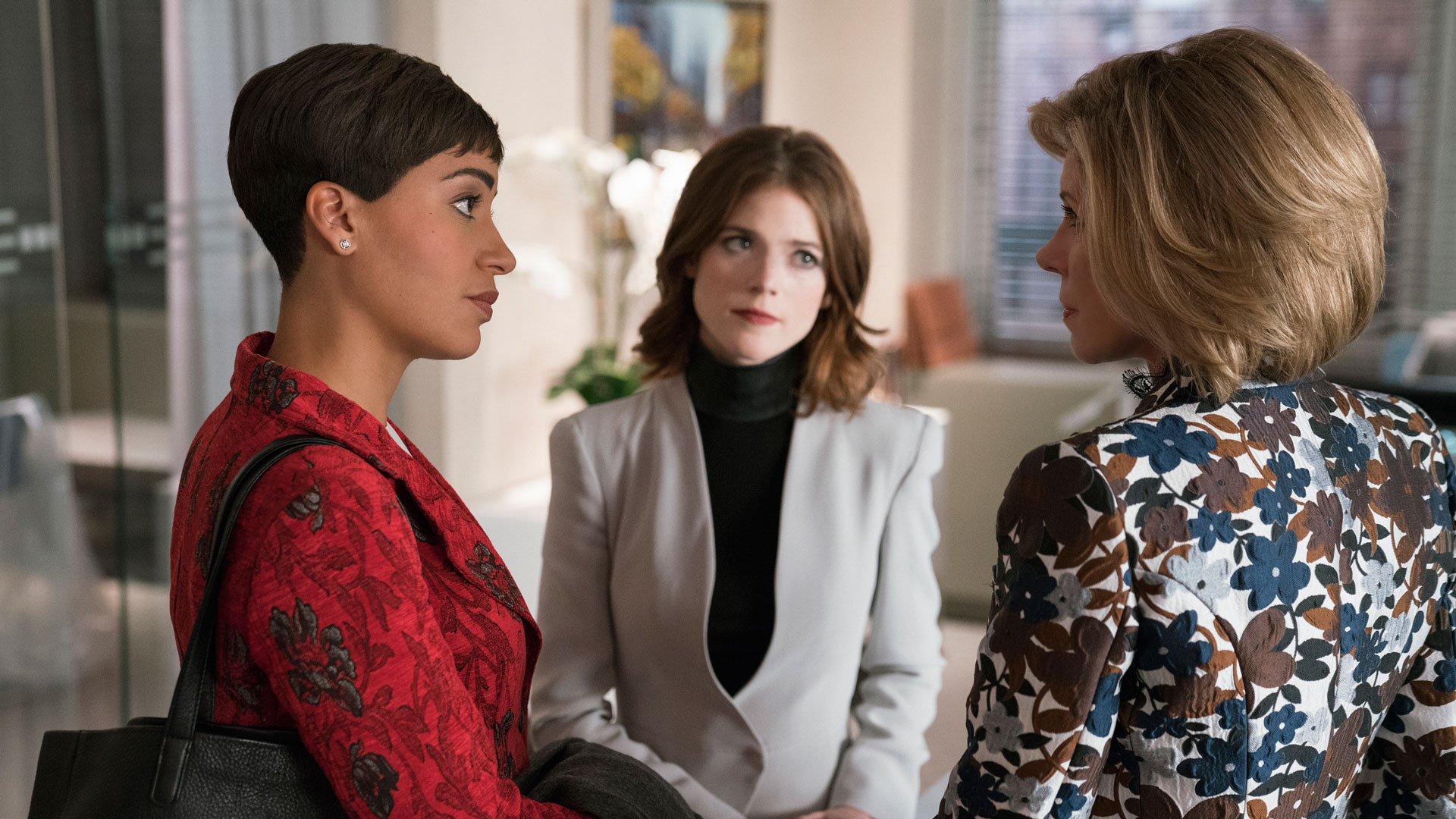 Lucca Quinn (Cush Jumbo), Maia Rindell (Rose Leslie), and Diane Lockhart (Christine Baranski)