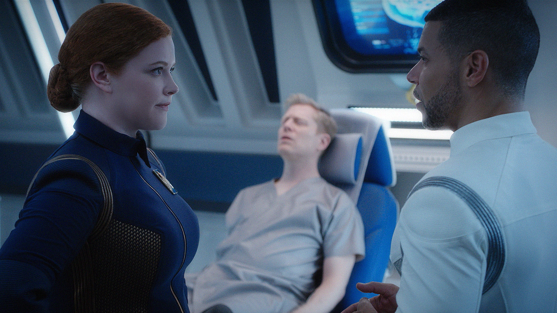 Cadet Sylvia Tilly (Mary Wiseman), Lieutenant Paul Stamets (Anthony Rapp), and Dr. Hugh Culber (Wilson Cruz)